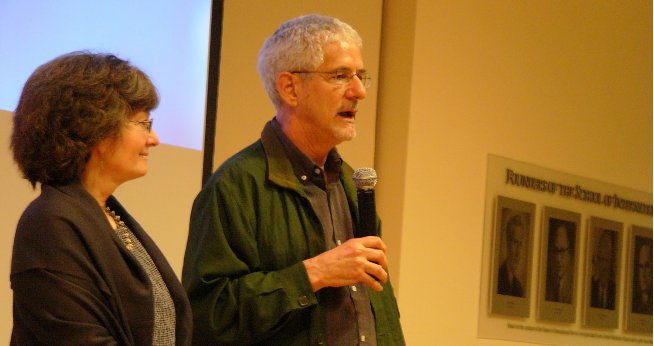 Professor Judith Shapiro stands with filmmaker Gary Marcuse. Photo by Adam Jadhav.